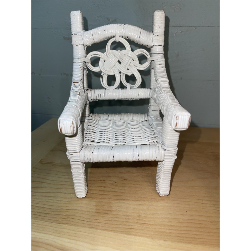 Vintage White Wicker Doll Chair, Stuffed Animal Chair Plant Stand Boho Shabby 7" - Picture 2 of 8